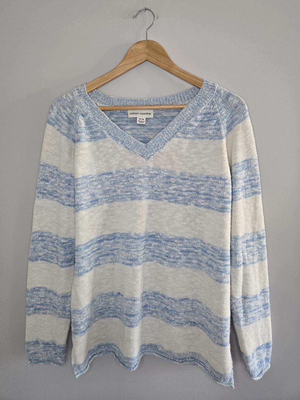 Cotton Country light blue, white long sleeve knit cotton sweater, made in Canada
